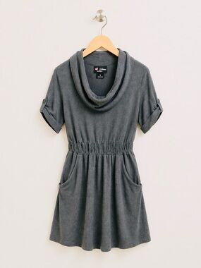 Delicious Gray Sweater Dress S - Cowl Neck Short Sleeve Pocket Casual Sweatshirt